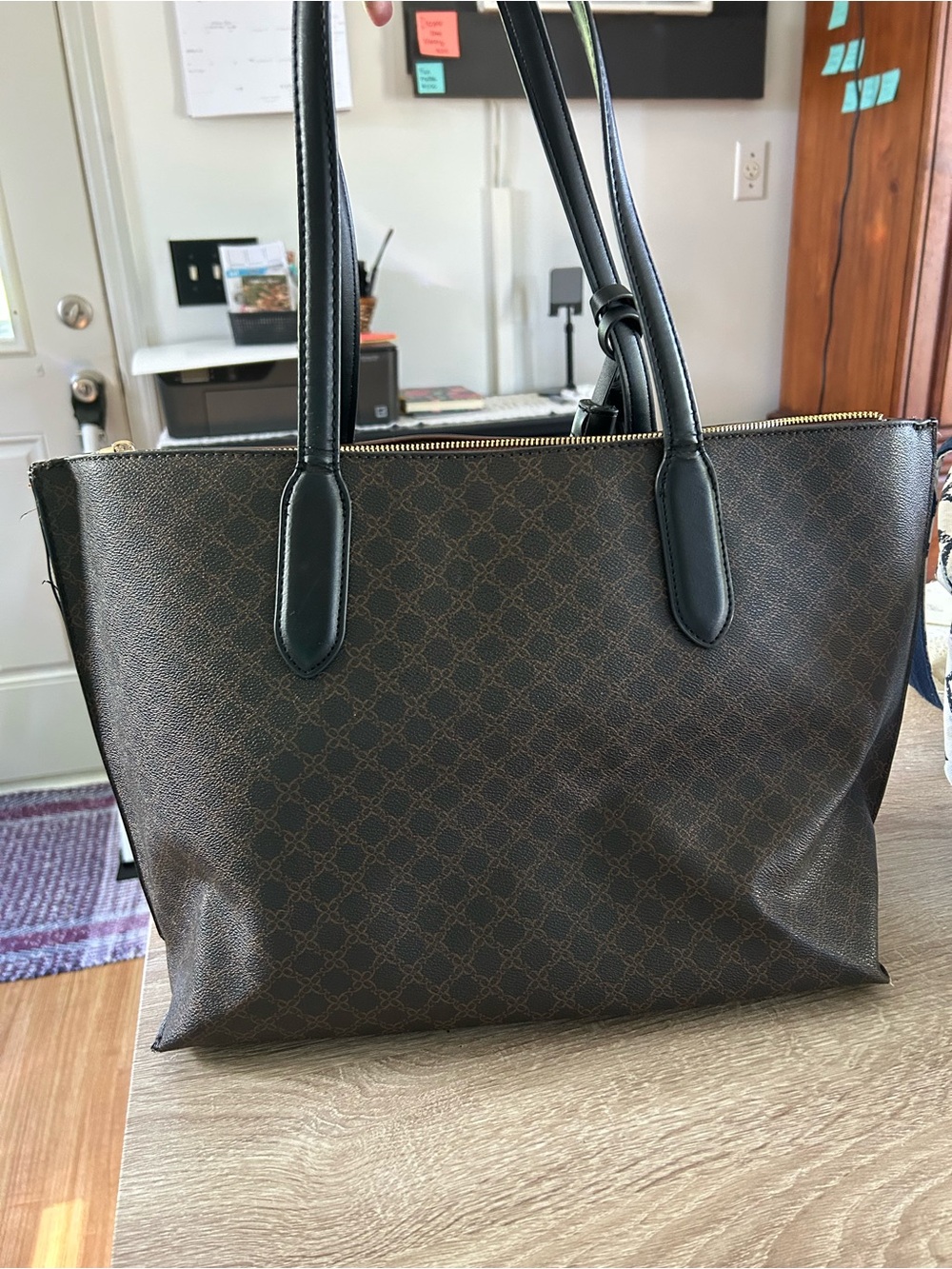 Nine West Brown Monogram Tote with Black Handles and Tassel - Picture 2 of 5